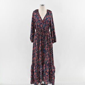Anthropologie Boemo Peasant Maxi Dress Size LP Navy‎ Floral Paisley Ruffle Boho